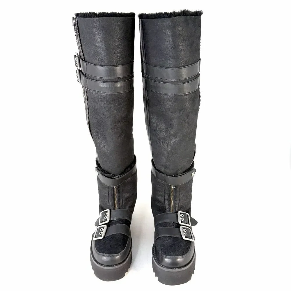 UGG Moto Punk OTK Boot Black Biker Buckle Zipper Round Toe Women's Size 10